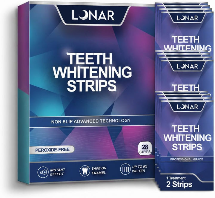 LUNAR Teeth Whitening Strips, 28 Strips, Enamel Safe, Non Sensitive Formula, Non Slip, Removes Coffee, Wine & Smoking Stains,14 Day Treatment