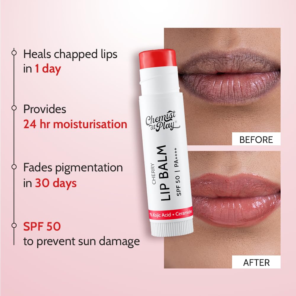 Chemist At Play's Natural Lip Balm| Repairs Chapped Lips Brightens Dark Lips | 1% Kojic Acid| SPF 50 PA++++| For men and women| 4.5gm