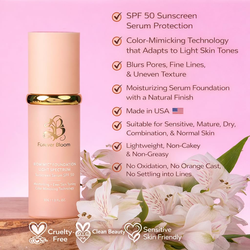 Bio Mimic Foundation Medium Spectrum by Forever Bloom; Protecting from Sun with SPF50; Foundation for Gym, Sports, Dancing Makeup for Mature & Sensitive Skin, Natural Finish Made in USA