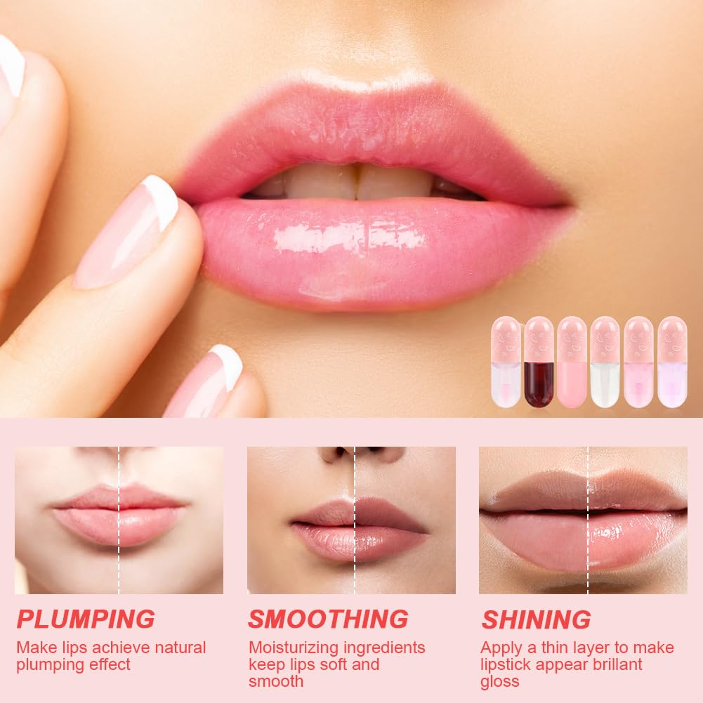AOOWU 6 Pcs Hydrating Lip Oil Set, Fruit-Flavored Plumping Lip Oil, Long Lasting Lip Glow Balm Lip Care, Transparent Moisturizing No-Sticky Lip Gloss(Peaches,Orange,Avocado,Strawberry,Grape,Cherry)8ML