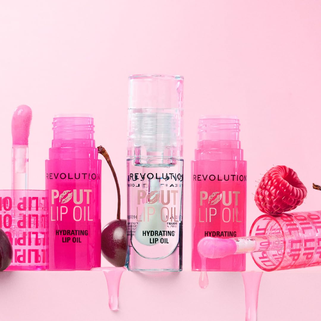 Revolution, Pout Lip Oil, Nourishing Tinted Lip Oil, High Shine, Non-Sticky Finish, Vegan & Cruelty-Free, Glam Pink Shimmer, 4ml
