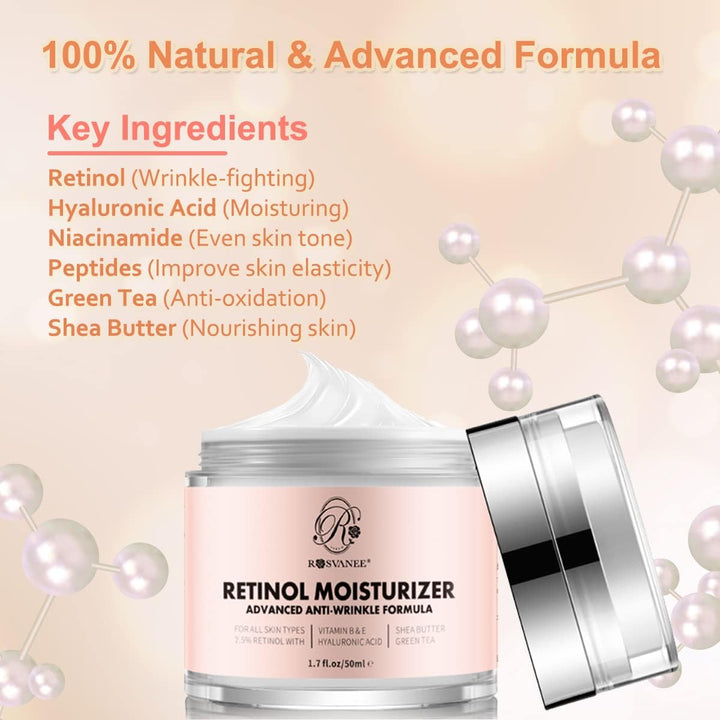ROSVANEE Retinol Moisturizer Dermatologist Tested Anti Aging Cream for Face, Neck and Eye with 2.5% Retinol, Hyaluronic Acid and Vitamins E & B5, Anti Wrinkle Deep Hydration Cream for Men & Women