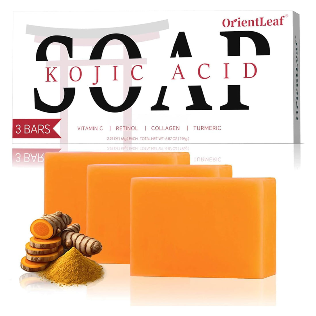ORIENTLEAF Kojic Acid Soap, Turmeric Soap Bar for Dark Spots, Fresh Citrus Scent, Gentle for Face and Body with Vitamin C, Shea Butter, Retinol, Olive Oil, Collagen (3 PACK) Halalzen