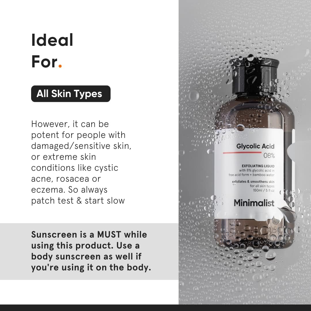 Minimalist 8% Glycolic Acid Toner for Glowing Skin | Multi-Functional Exfoliating Toner with Bamboo Water for Body, Face, Underarms & Scalp | For Women & Men | 5 Fl Oz / 150 ml