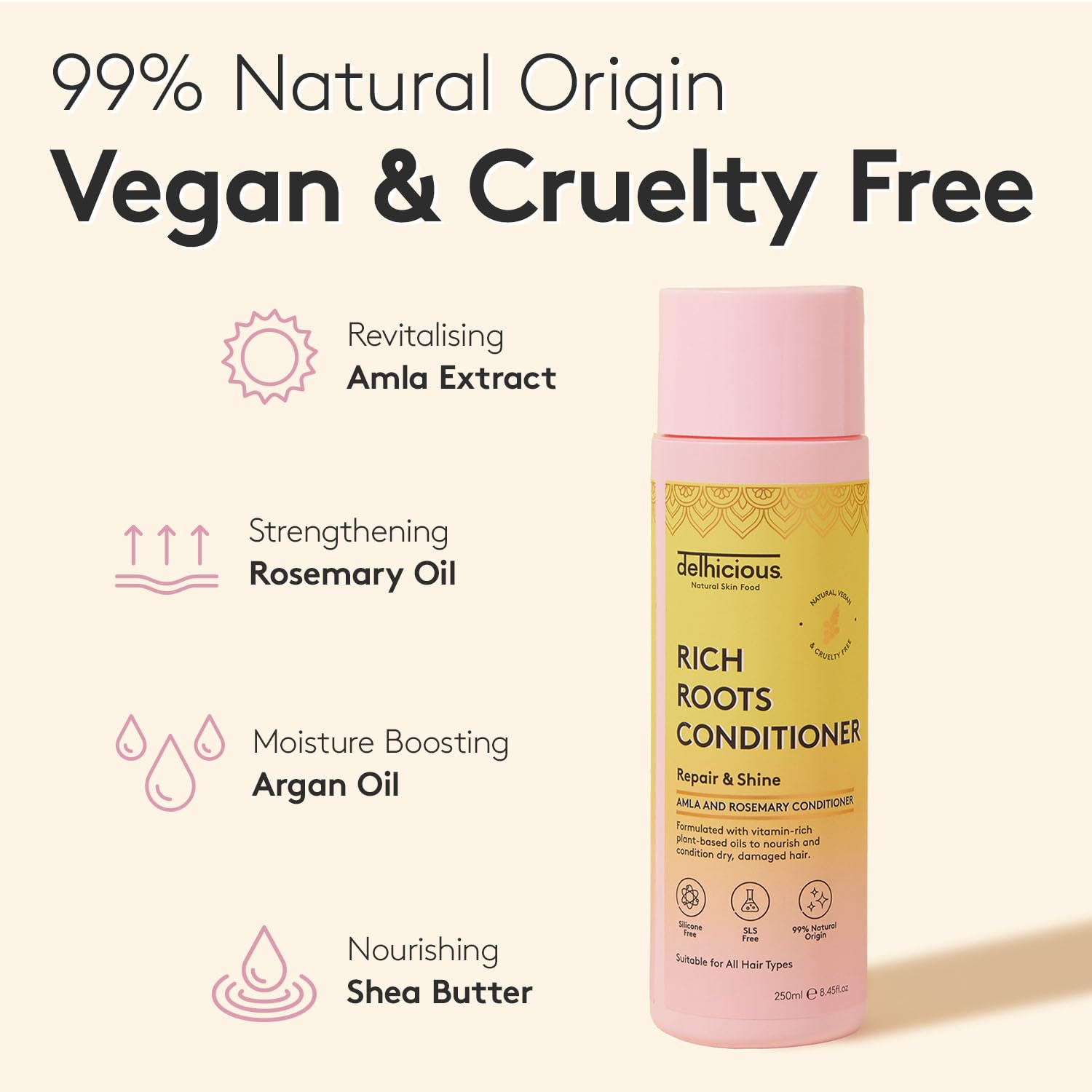 Delhicious Amla Hair Oil & Rosemary Oil Conditioner for Hair Growth - Rich Roots Vegan Conditioner for Thinning Hair, Damaged Hair, Dry Scalp - Shea Butter & Argan Oil - Ayurveda, Sulphate Free, 250ml