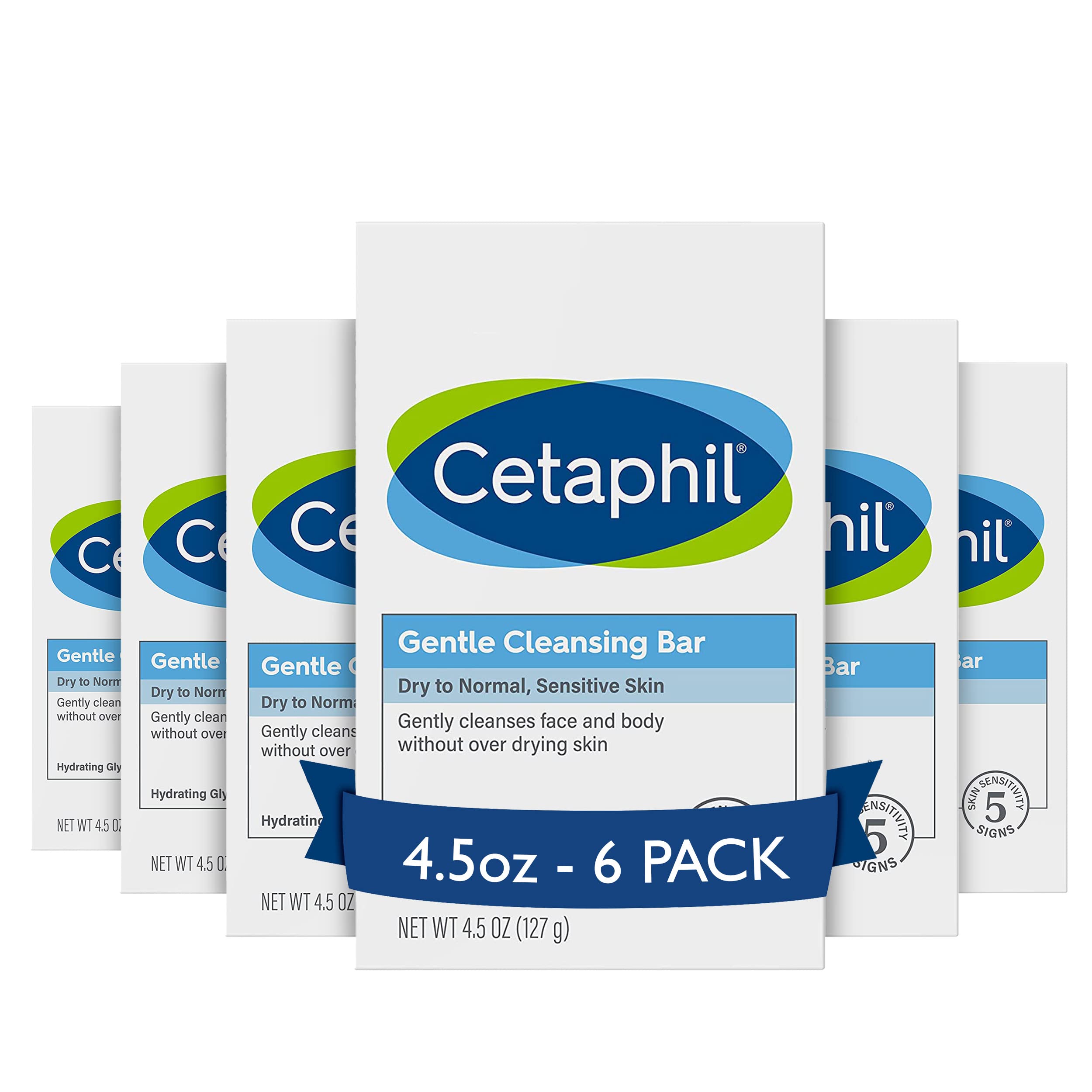 Cetaphil Gentle Cleansing Face and Body Bar, 4.5 oz Bar (Pack of 6), Nourishing Cleanser Bar For Dry, Sensitive Skin, Non-Comedogenic, (Packaging May Vary)