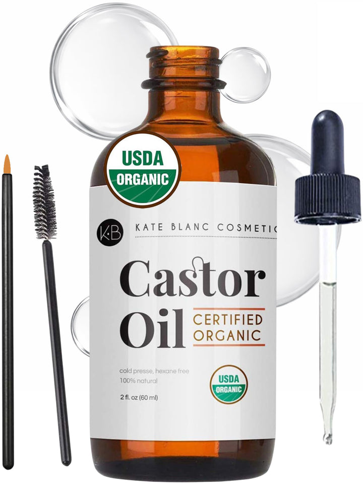 Kate Blanc Cosmetics Castor Oil Organic for Hair, Lashes, Face, Skin (2oz), 100% Pure, Cold Pressed, Hexane Free Hair Oil. Lash Serum for Thicker-Looking Eyelashes & Eyebrows Halalzen
