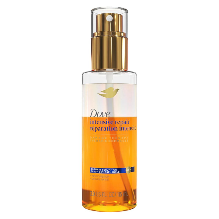 Dove Damage Therapy Intensive Repair with Amino Serum Bi-Phase Serum + Oil Hair Spray for Shine, Frizz Control, and Split Ends 3.9 oz Halalzen