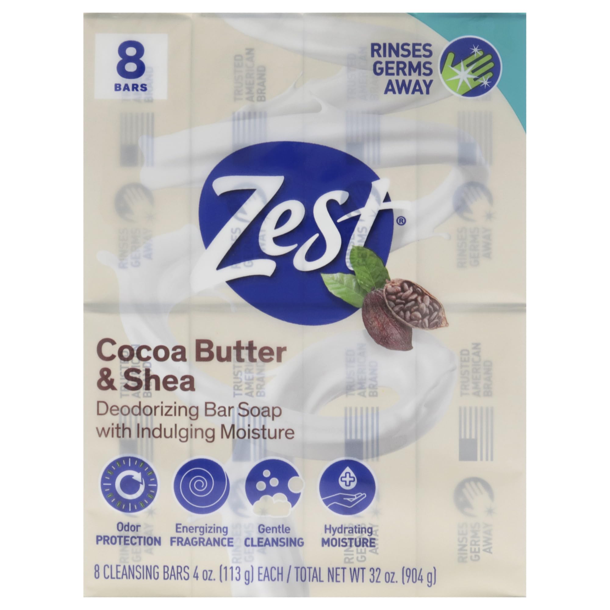 Zest Bar Soap - 8 Bars - Enriched With Cocoa Butter And Shea for Ultra Moisturizing Cleansing - Leaves Your Body Feeling Silky Smooth And Deeply Moisturized