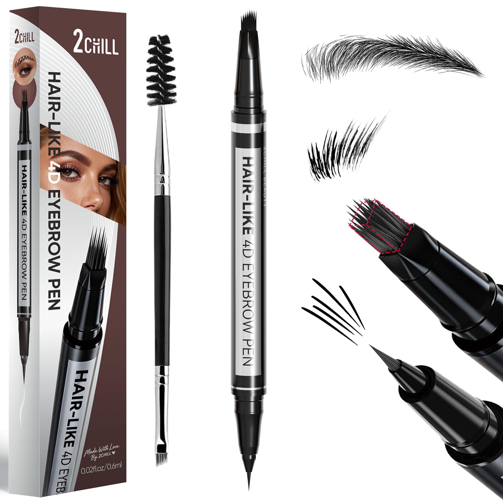 2CHILL 2-in-1 Eyebrow Pen for Women, Microblading 4D Eyebrow Pencil with Hair-Like Brush Tip, Waterproof Long Lasting Natural Brow Makeup, Dual-Ended Eyebrow Brush & Eyeliner Function (Dark Brown)