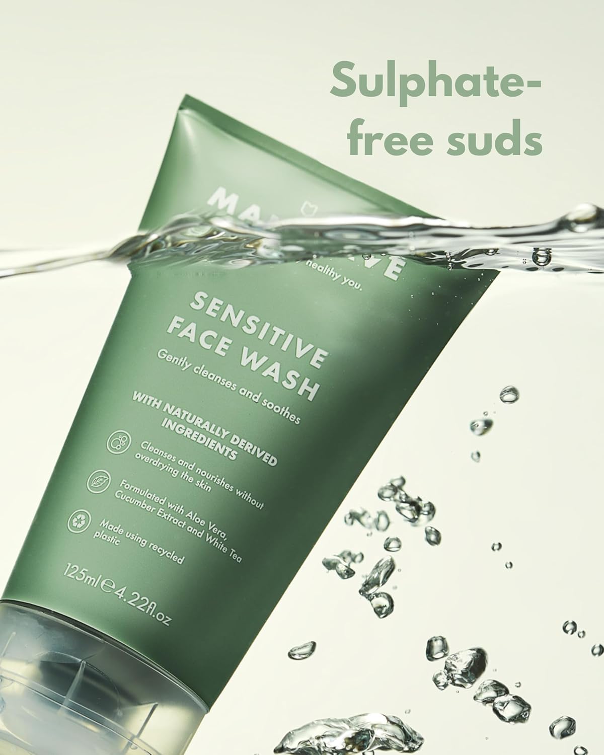 ManCave Sensitive Face Wash 125ml for Men, Clean and nourish Skin with Cucumber Extract, White Tea and Aloe Vera, Dermatologically Tested, Natural Formulation, Vegan Friendly