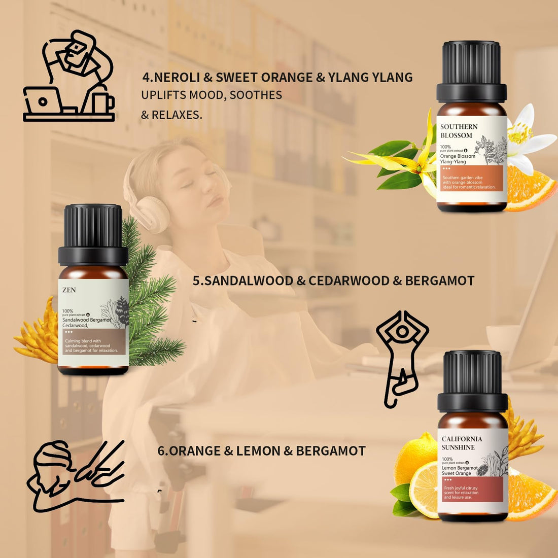 Premium Hotel Fragrance Oil Collection for Diffusers, Essential Oils for Diffusers for Home, Hotel Diffuser Fragrance Oils,Spa & Candle Making, White Tea, Citrus Luxe, Velvet Night and More - 6x10ml