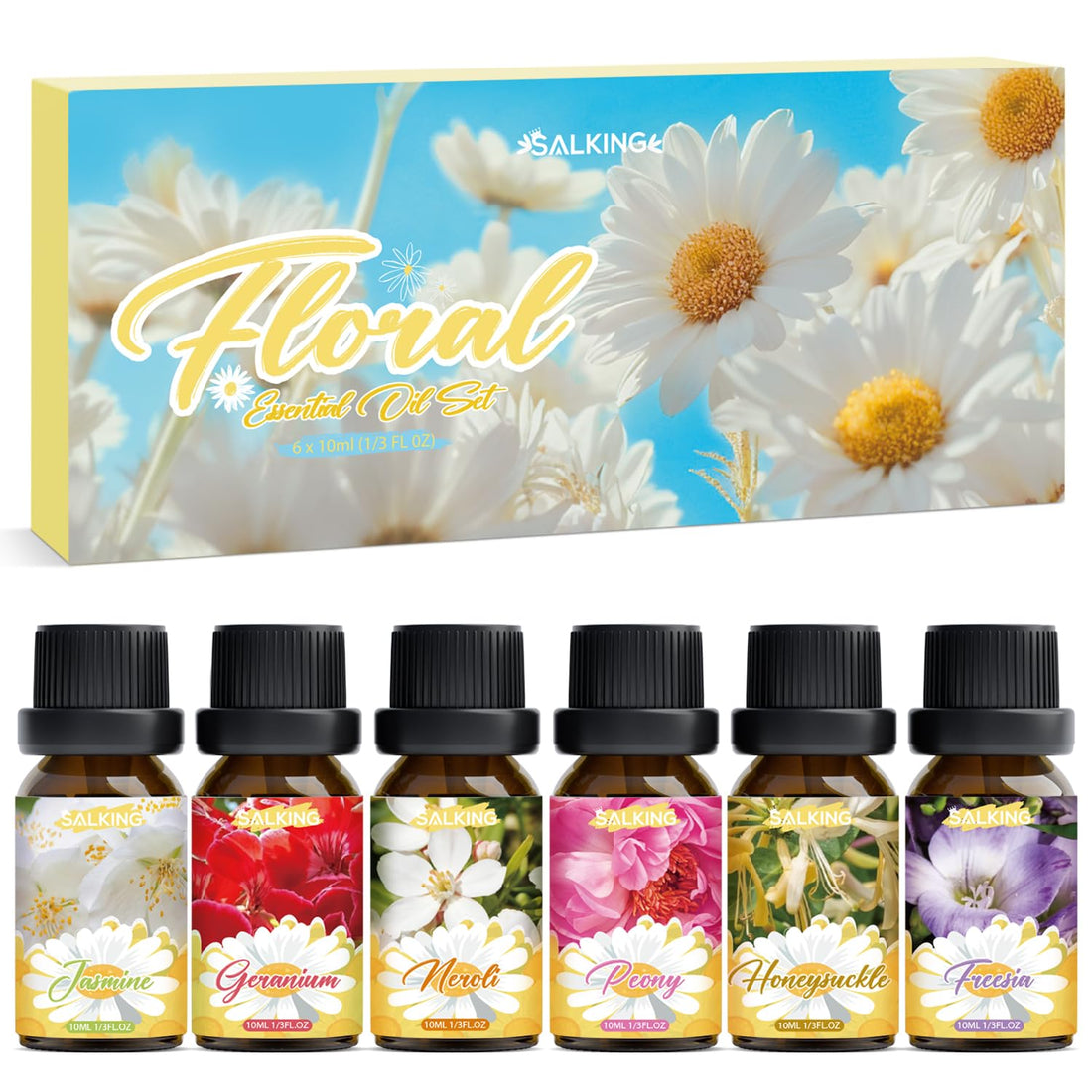 SALKING Essential Oils Set, 100% Pure Fragrance Oil AromatherapyGift, Premium Scented Oils for Diffusers 6 x 10 ML - Lavender, Rose, Jasmine, Cherry Blossom, Gardenia, Chamomile, Pink