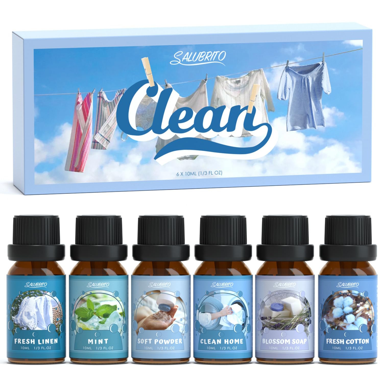 SALUBRITO Clean Essential Oils Set, Fresh Cotton, Clean Home, Fresh Linen, Soft Powder, Blossom Soap, Mint Scented Oils for for Diffuser, Candle, Soap Making