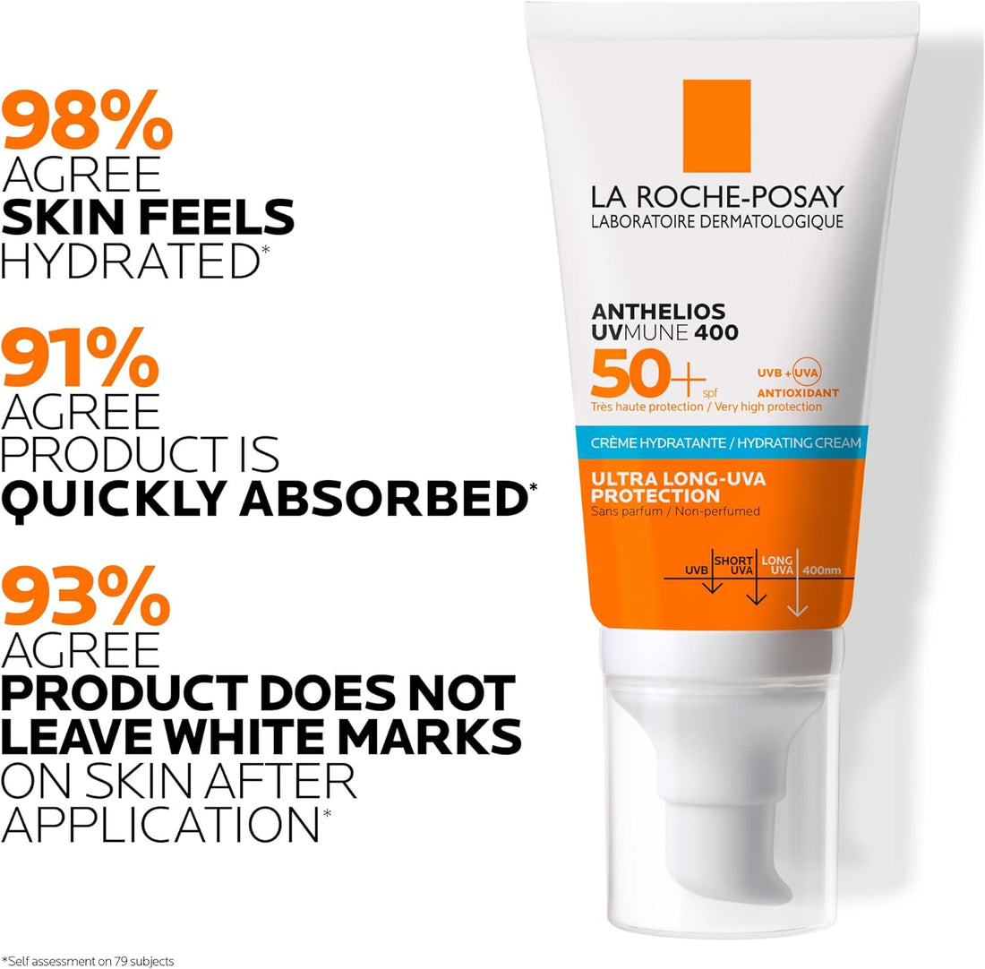 La Roche-Posay Anthelios UVMune 400 Hydrating Cream SPF50+, Face Sunscreen For Dry Sensitive Skin, Ultra Long UVA Protection, Fragrance Free, Water Sweat Sand Resistant, Non-Greasy, 50ml