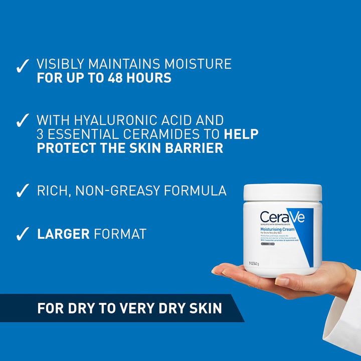 CeraVe Moisturising Cream for Dry to Very Dry Skin With 3 Essential Ceramides, Hyaluronic Acid, Face & Body Cream, Fast Absorbing, Dermatologist Developed, 562ml Halalzen