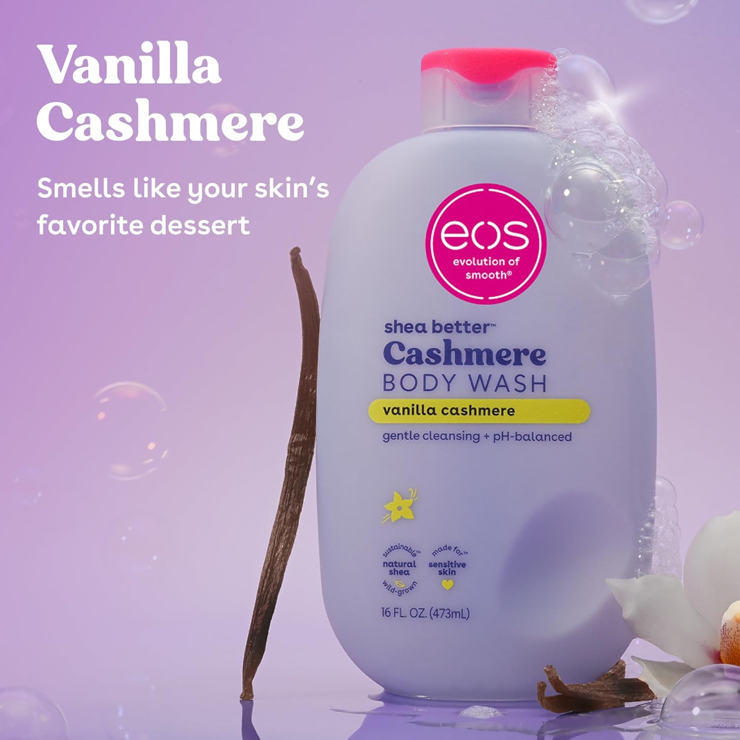 eos Shea Better Cashmere Vanilla, Moisturizing and Nourishing Body Wash with pH-Balanced Cream Gel Formula, Free from Parabens and Phthalates, Sensitive Skin, 400 ml