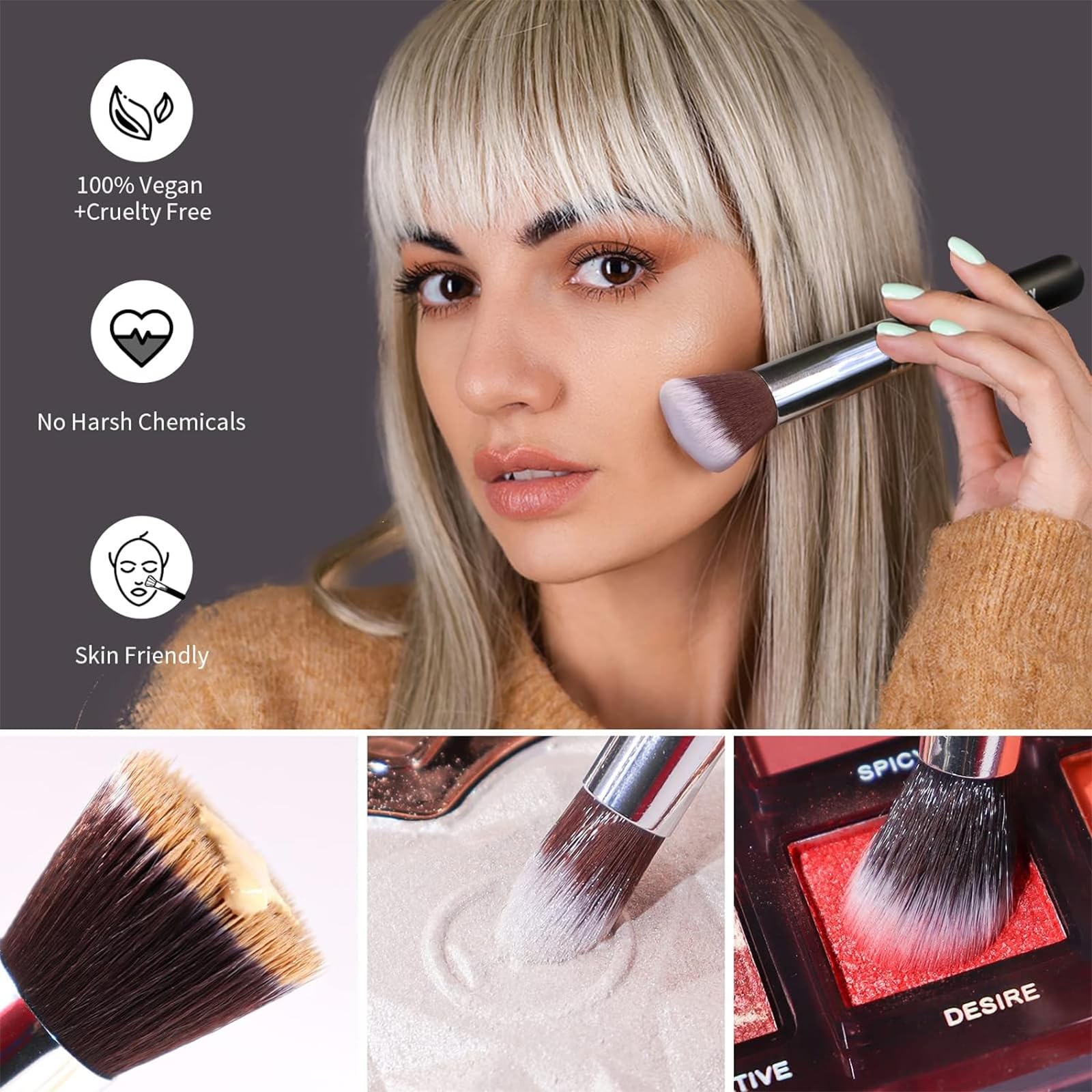 BEAKEY Diversity Makeup Brushes 12 Pcs Makeup Kit, Premium Synthetic Kabuki Foundation Face Powder Concealer Eyeshadow Blush Set, with 2 Pcs Blender Sponges (Black/Silver) Halalzen
