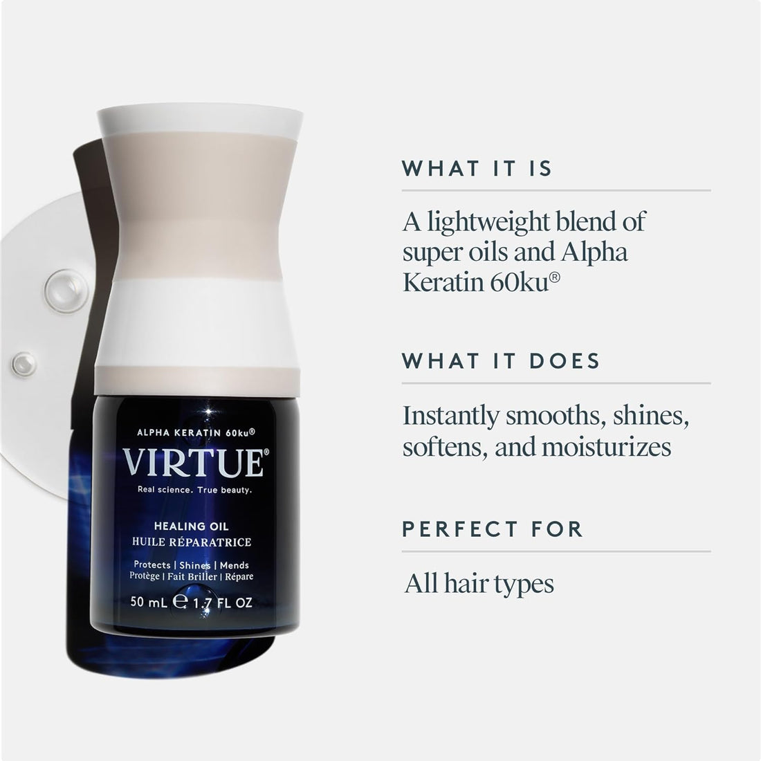 Virtue Healing Hair Oil | Lightweight Hair Serum | Shake to Activate | Adds Shine & Repairs Damaged Hair | 50 ml