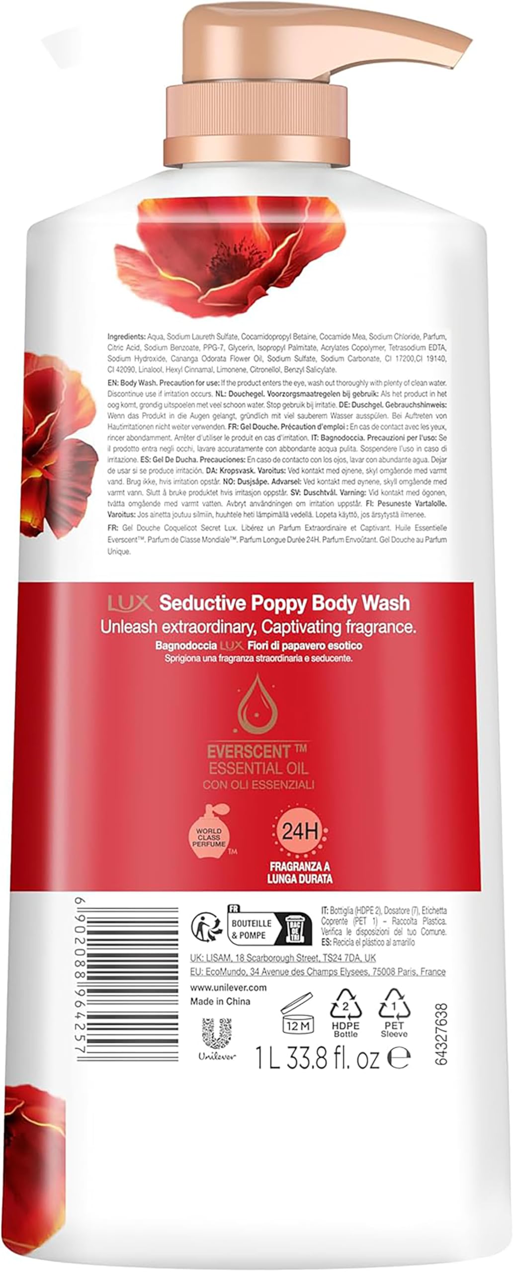 LUX Charming Peony Body Wash with Orange Oil - Men's & Women's Aromatic, Long-Lasting Fine Fragrance Shower Gel, Nourishing Body Cleanser, Aromatic Fragrance Bath Soap - Pack of 1, 1L