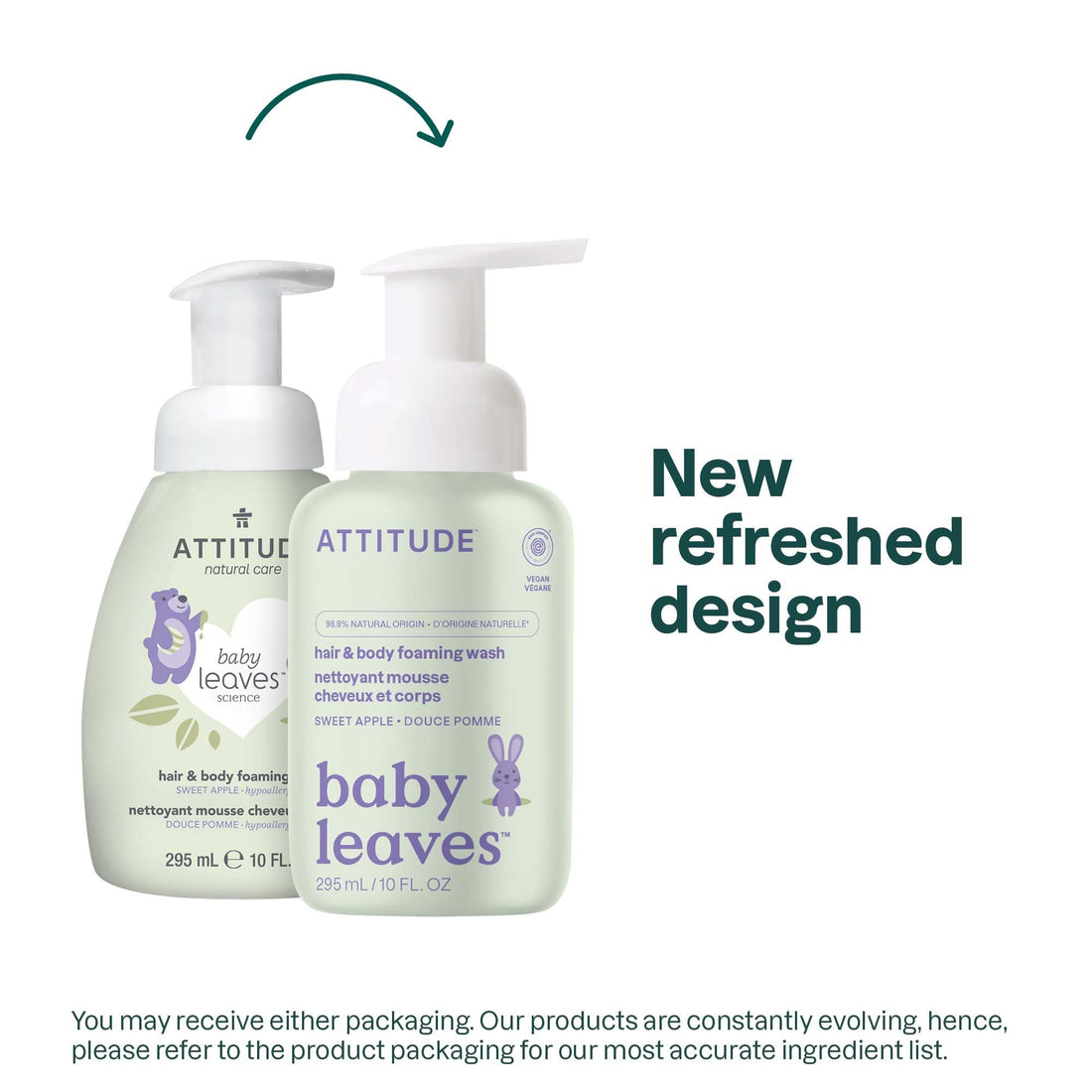 ATTITUDE 2-in-1 Hair and Body Foaming Baby Wash, EWG Verified Shampoo Soap, Dermatologically Tested, Made with Naturally Derived Ingredients, Vegan, Unscented, 295 mL