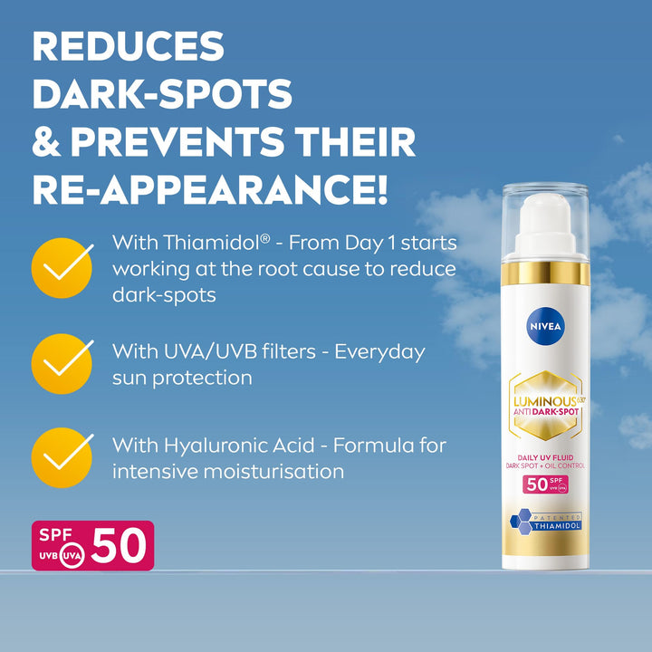 NIVEA Cellular Luminous 630 Anti Dark-Spot Daily UV Fluid Face SPF 50 (40ml), Protects From Dark-Spots, Hyperpigmentation and Photoageing, Face Moisturiser with Hyaluronic Acid and Vitamin E Halalzen