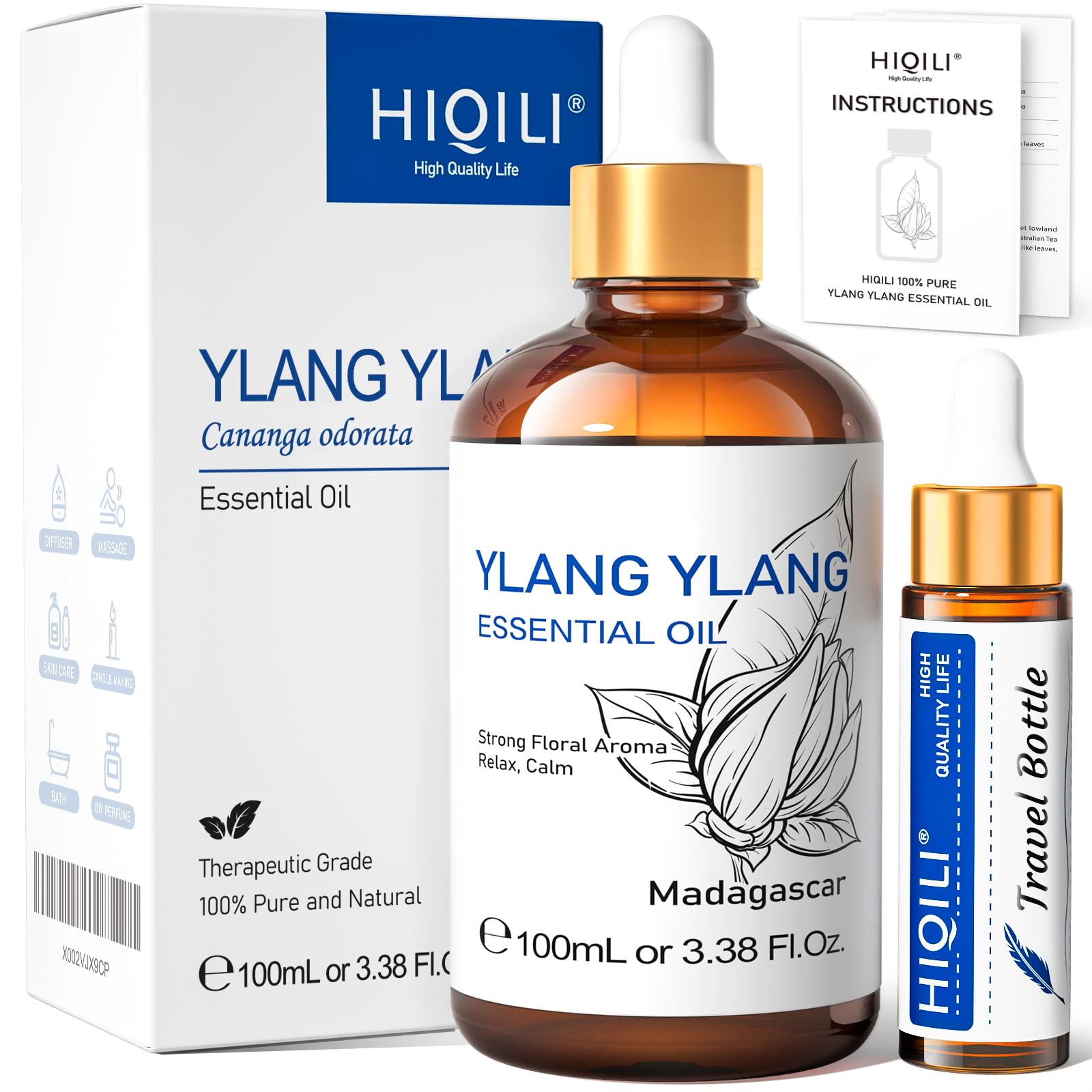 HIQILI 100ml Lavender Essential Oil Pure, 100% Natural Therapeutic Grade for Aromatherapy Diffuser, Skin Care, Hair, Includes Premium Quality Glass Dropper