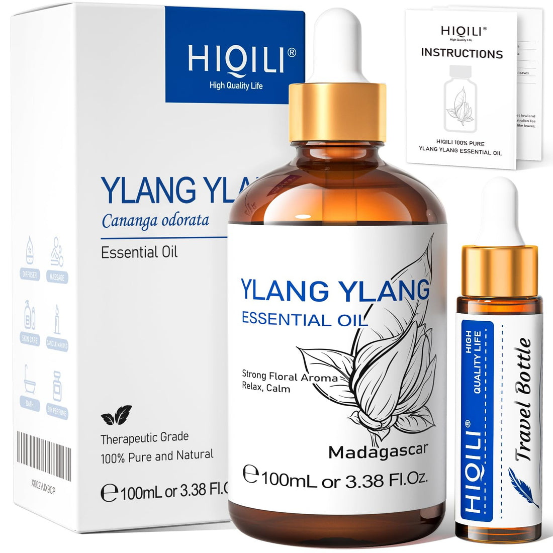 HIQILI 100ml Lavender Essential Oil Pure, 100% Natural Therapeutic Grade for Aromatherapy Diffuser, Skin Care, Hair, Includes Premium Quality Glass Dropper