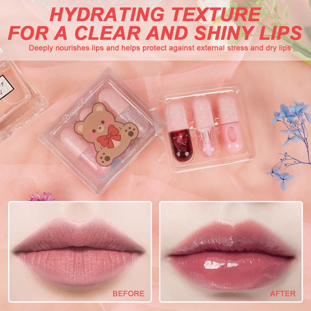 AOOWU 6 Pcs Hydrating Lip Oil Set, Fruit-Flavored Plumping Lip Oil, Long Lasting Lip Glow Balm Lip Care, Transparent Moisturizing No-Sticky Lip Gloss(Peaches,Orange,Avocado,Strawberry,Grape,Cherry)8ML