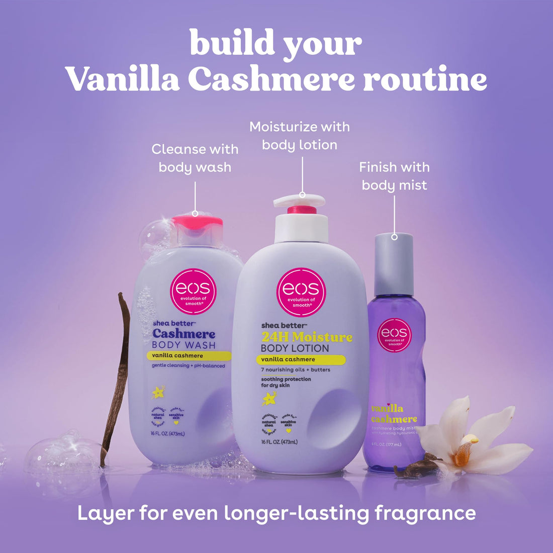 eos Body Wash, Vanilla, Moisturizing Creamy Gel Formula with Shea Butter, Glycerin, Vitamin E, pH Balanced, Sensitive Skin, Vegan, 16 fl oz