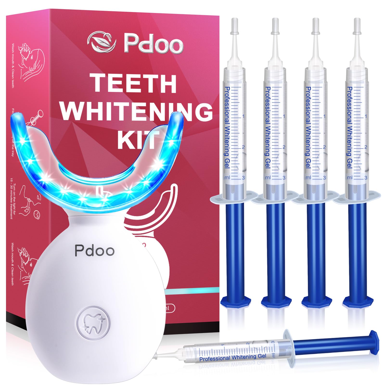 Teeth Whitening Kit with LED Light + 5 Tooth Whitening Gel - Gentle Whitening on Sensitive Teeth - Fast Removes Stubborn Stains - Professional Tooth Whitener for Home - Wireless & Water-Resistant