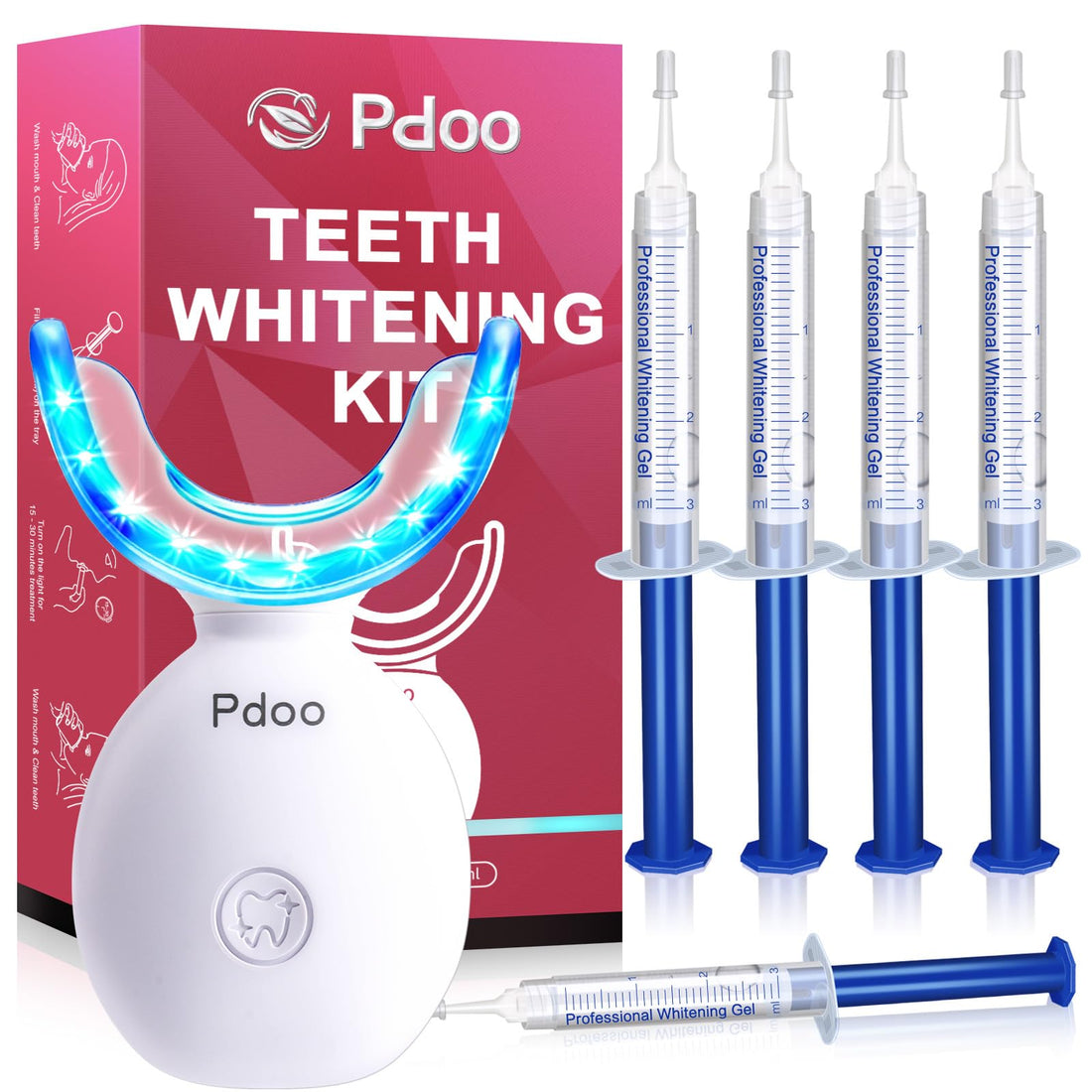 Teeth Whitening Kit with LED Light + 5 Tooth Whitening Gel - Gentle Whitening on Sensitive Teeth - Fast Removes Stubborn Stains - Professional Tooth Whitener for Home - Wireless & Water-Resistant