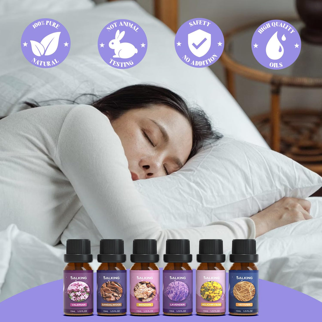 SALKING Essential Oils Set, 100% Pure Fragrance Oil AromatherapyGift, Premium Scented Oils for Diffusers 6 x 10 ML - Lavender, Rose, Jasmine, Cherry Blossom, Gardenia, Chamomile, Pink