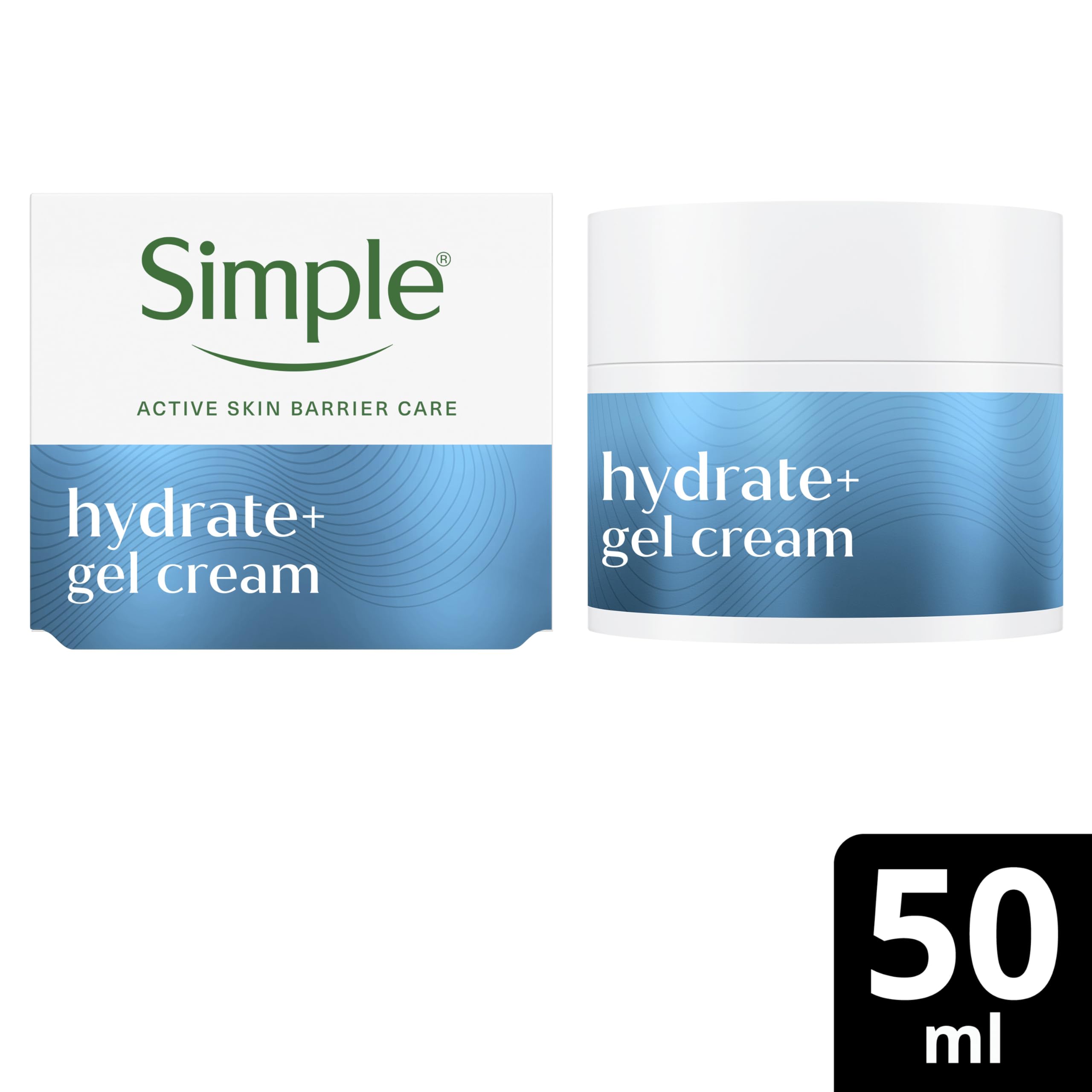 Simple Hydrate+ Facial Moisturiser, Hydrating Actives + Hyaluronic Acid, Multi-Layer* Hydration up to 100 Hours, Gel Cream Day Moisturiser for Sensitive Skin, 50 ml