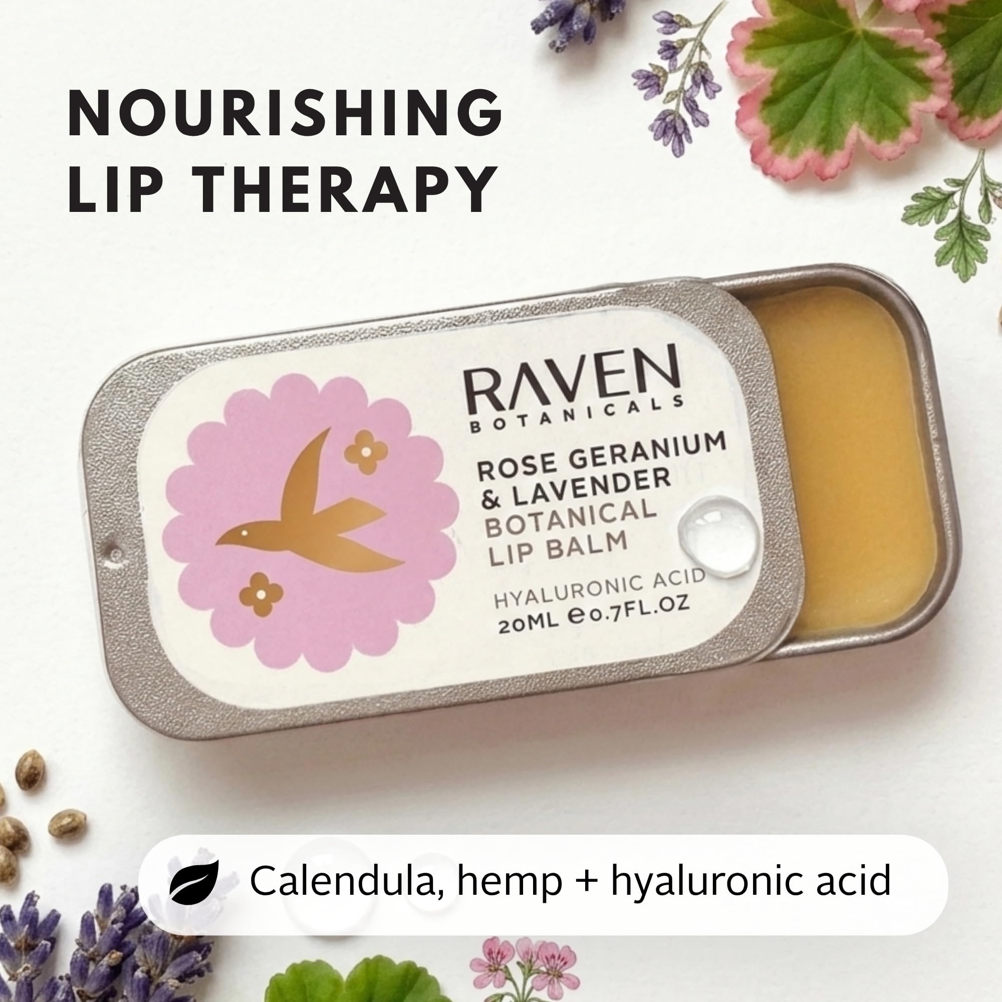 Raven Botanicals Natural Lip Balm Treatment, Hydration and Barrier Support, Organic Plant Extract Formula – Botanical Lip Balm 20ml (Rose Geranium)