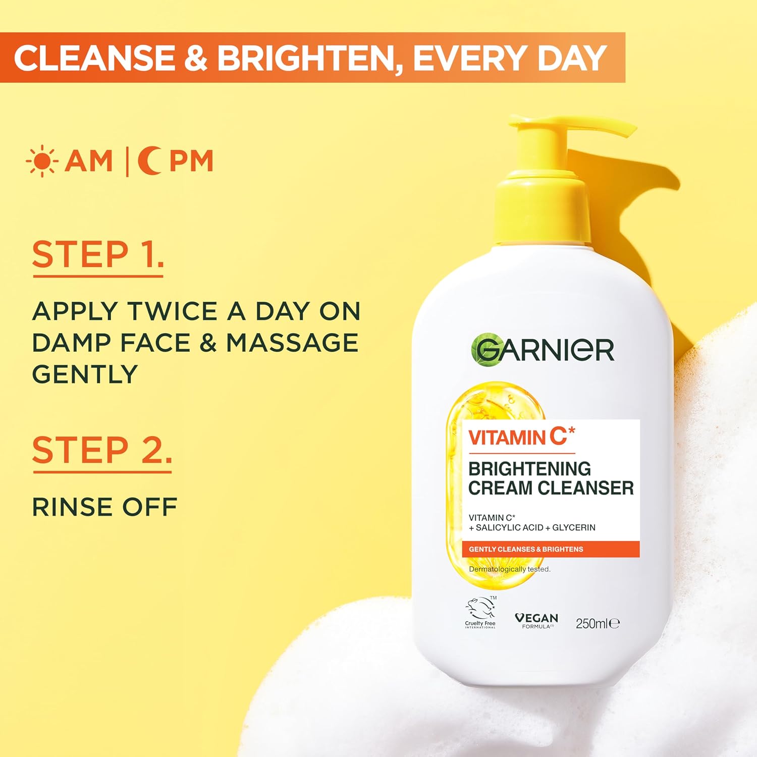 Garnier Vitamin C Brightening Cream Cleanser, Removes Make-up and Impurities, Hydrates and Brightens for Even Glowing Skin, for Dull and Uneven Skin, Dermatologically Tested, Cruelty free, 250ml
