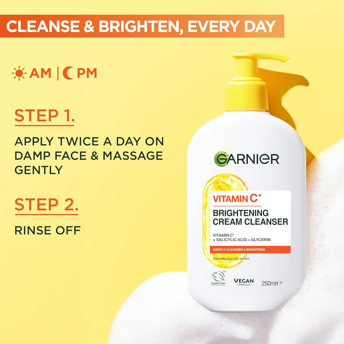 Garnier Vitamin C Brightening Cream Cleanser, Removes Make-up and Impurities, Hydrates and Brightens for Even Glowing Skin, for Dull and Uneven Skin, Dermatologically Tested, Cruelty free, 250ml
