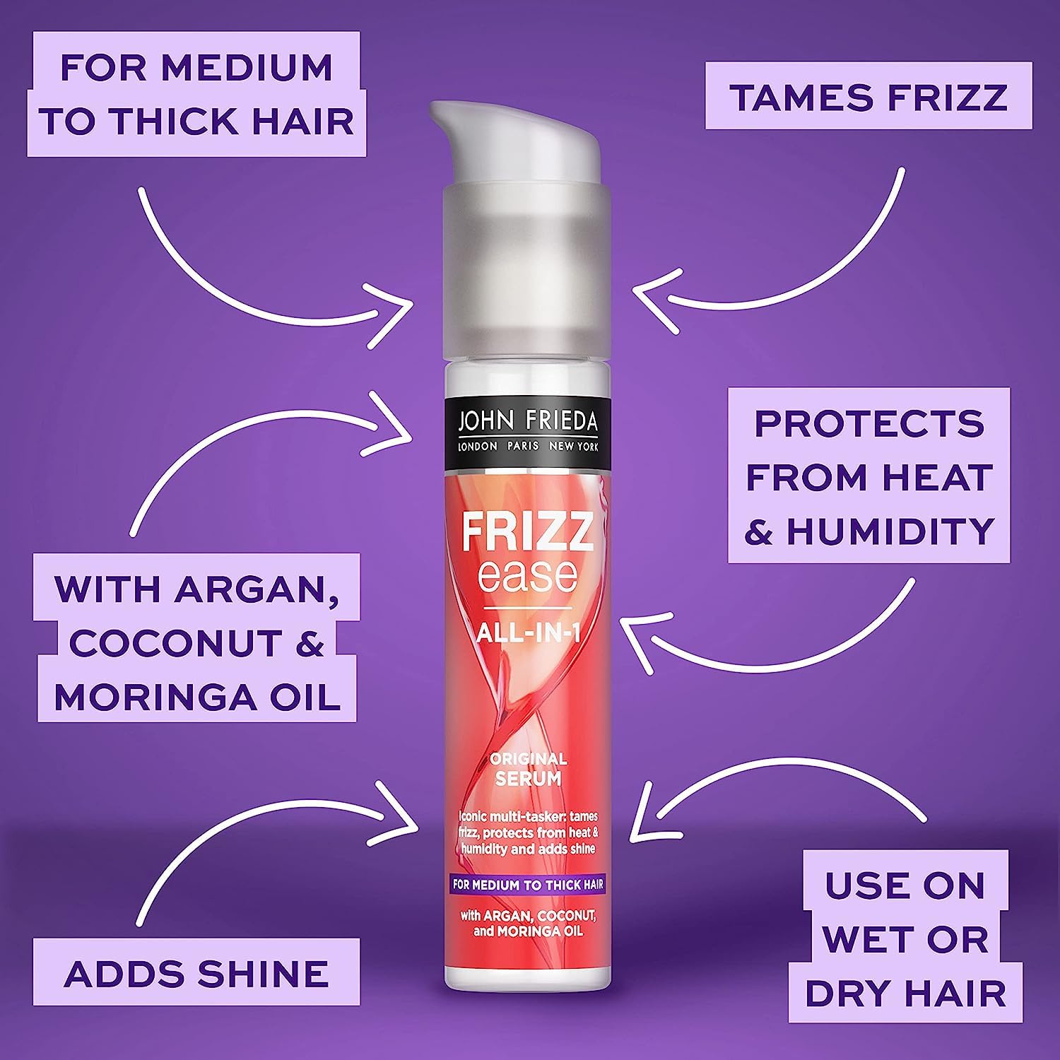 John Frieda Frizz Ease Original Serum 50ml, Hydrating Anti-Frizz Serum for Medium to Thick Hair