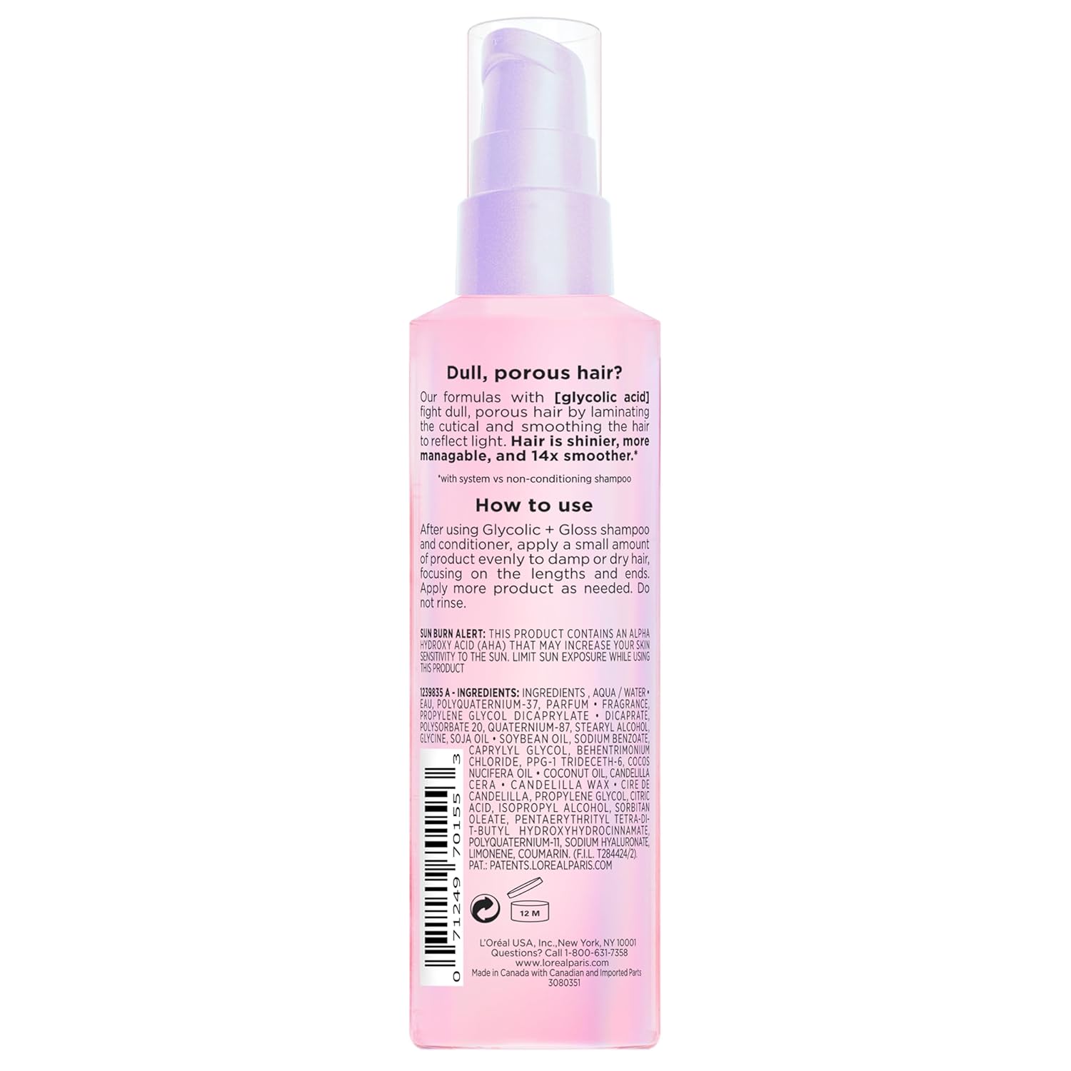 L'Oreal Paris Elvive Glycolic + Gloss High Shine Leave-In Hair Serum, Smooths Dull, Porous Hair Into High-Shine, Glossy Hair, 4.4 Fl Oz Halalzen
