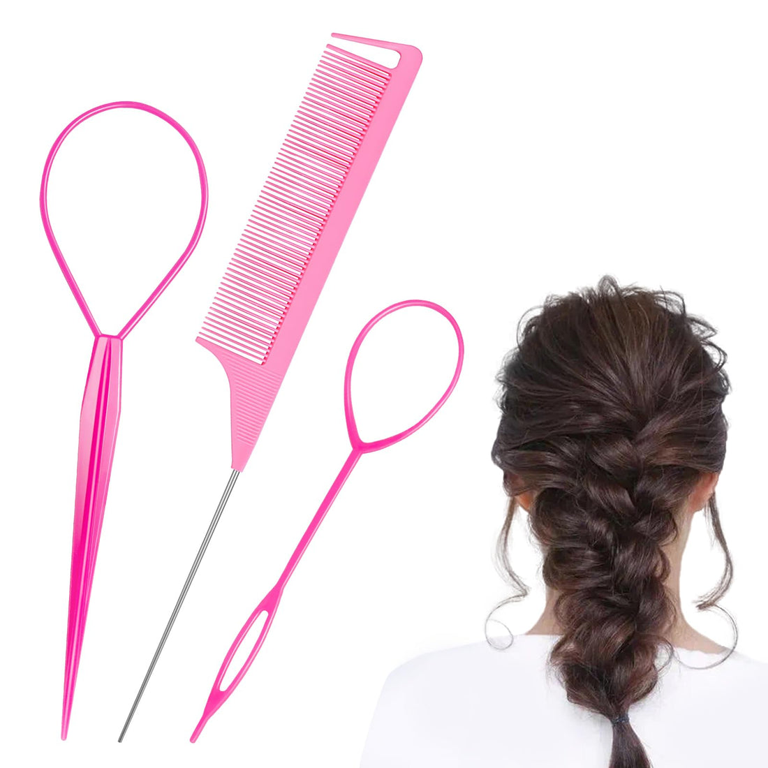 3pcs Topsy Tail Hair Tool, Hair Looping Tool Hair Braiding Tool with Rat Tail Comb, Tail French Braid Loop Tool, Fast Hair Styling Accessories, Hair Braiding Tool for Making Hair Style Halalzen