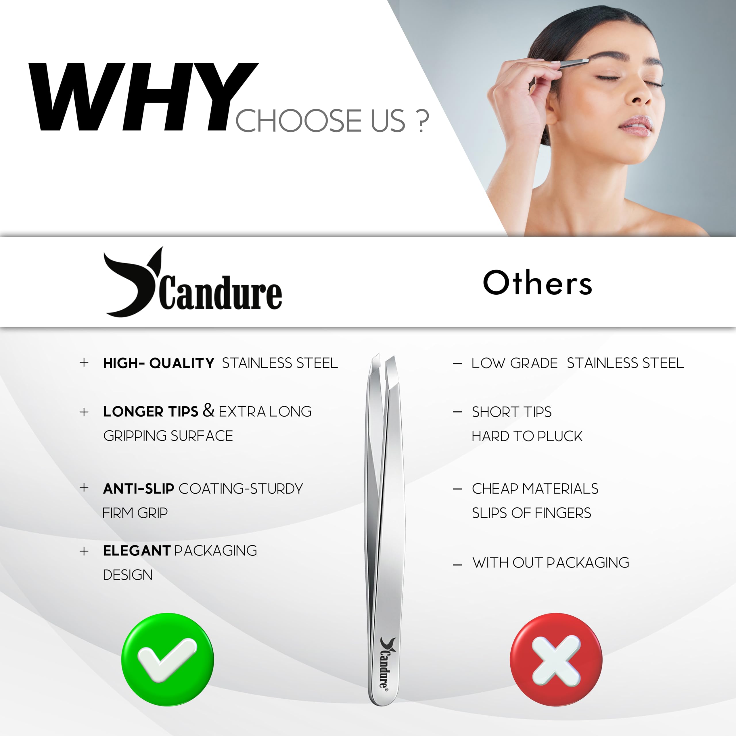 Candure Tweezers for Eyebrows - Professional Stainless Steel Slanted and Pointed Tip Hair Tweezers Set for Ingrown Hair, Blackhead Removal, Eyebrows Plucking Beauty Tool for Women Halalzen