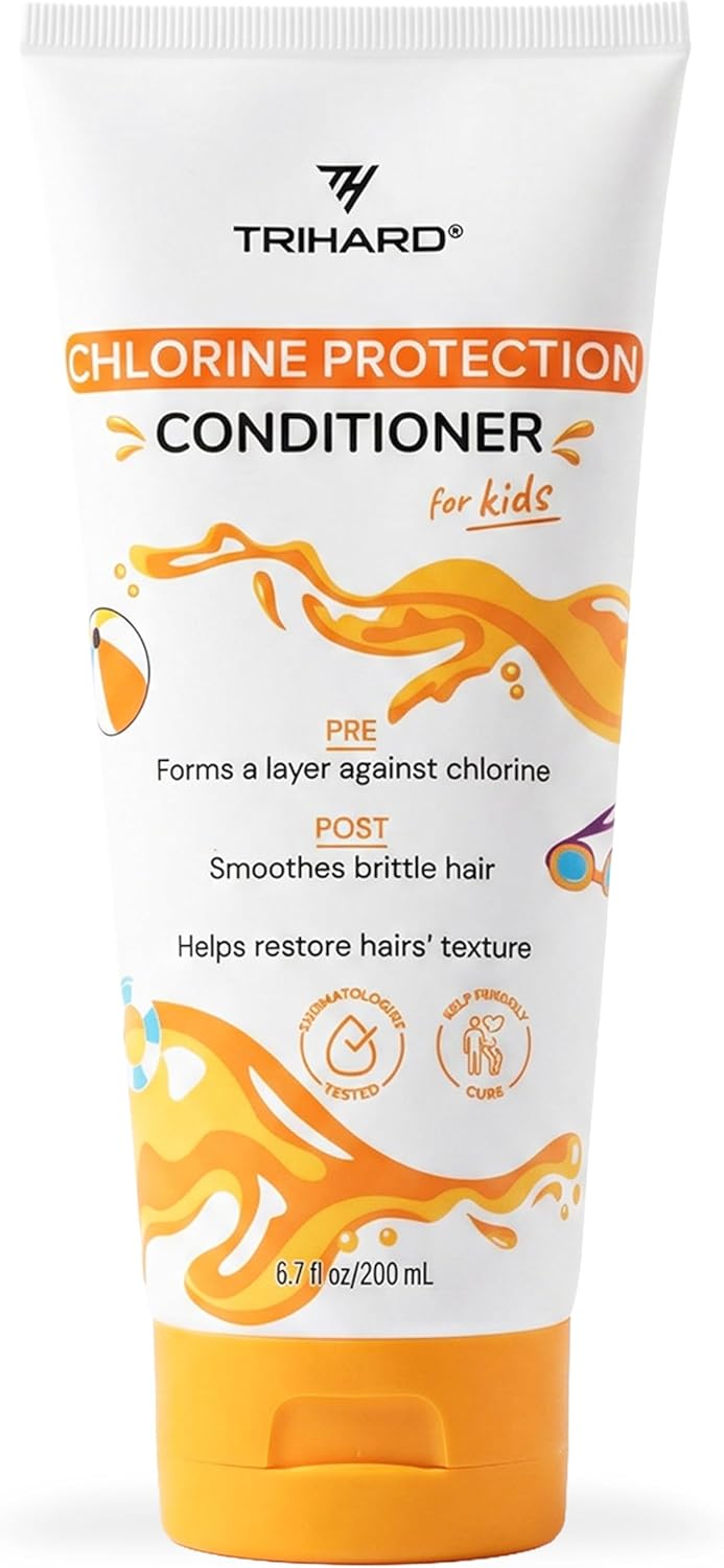 TRIHARD Kids Swim Conditioner, Chlorine Defense Pre and Post Swim Hair Protection from Chlorine, Saltwater, and Hard Water Chemicals, Hydrating Children’s Conditioner for Pool and Ocean