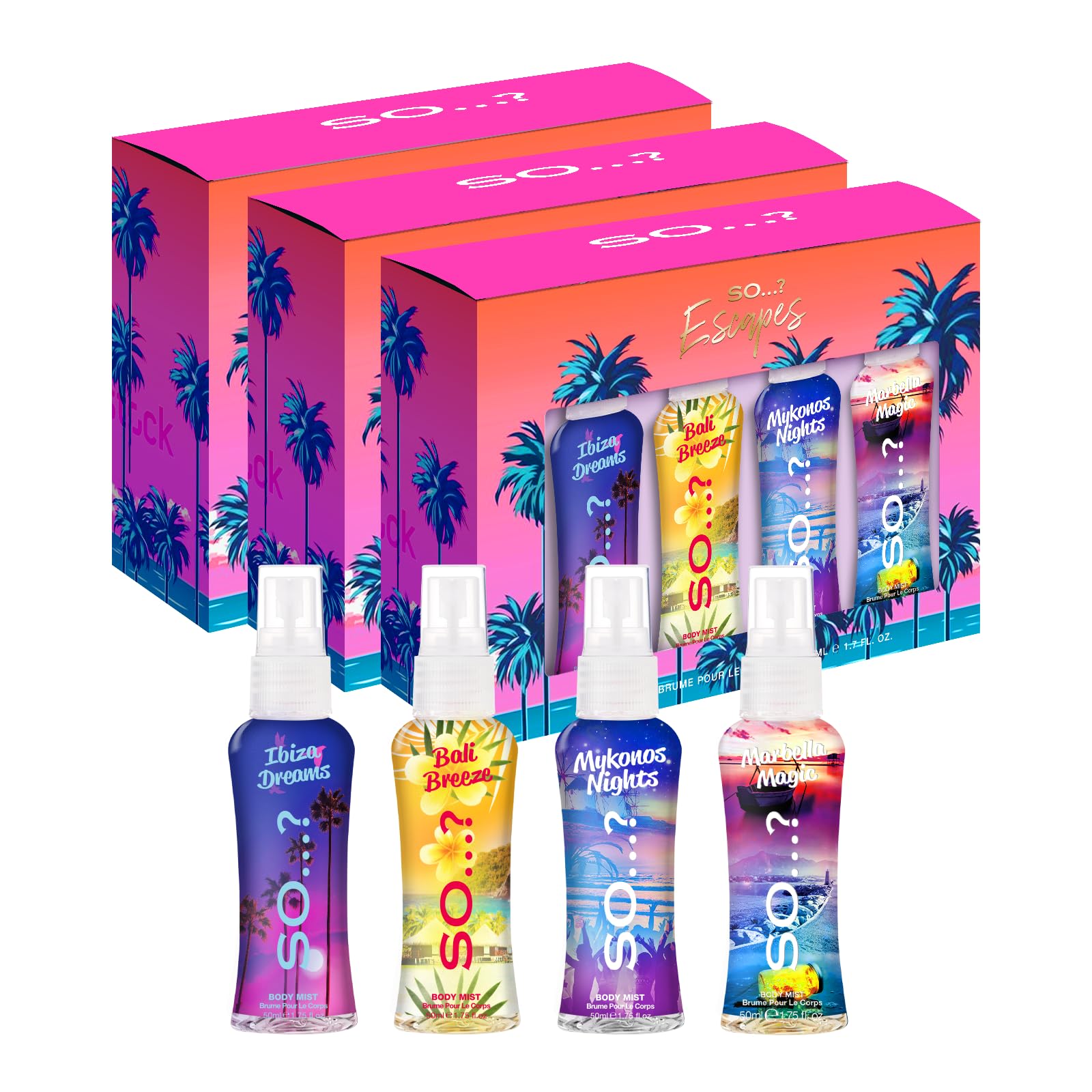 So…? Escapes Womens Gift Set, with Ibiza Dream, Bali Breeze, Mykonos Nights & Majorca Love, Fragrance Spray Set (4 x 50ml) Halalzen