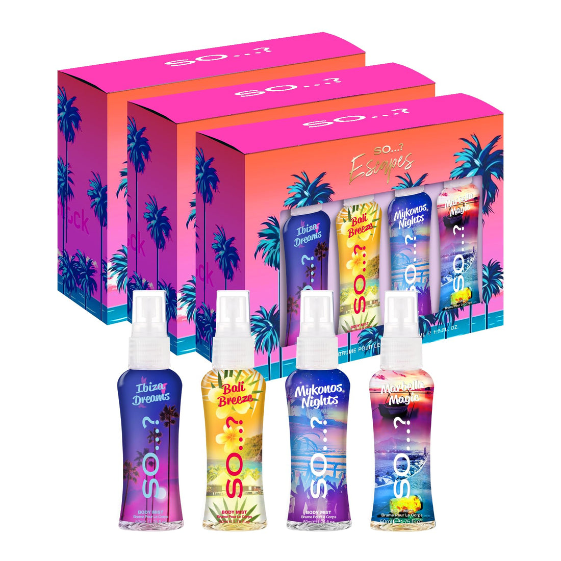 So…? Escapes Womens Gift Set, with Ibiza Dream, Bali Breeze, Mykonos Nights & Majorca Love, Fragrance Spray Set (4 x 50ml) Halalzen