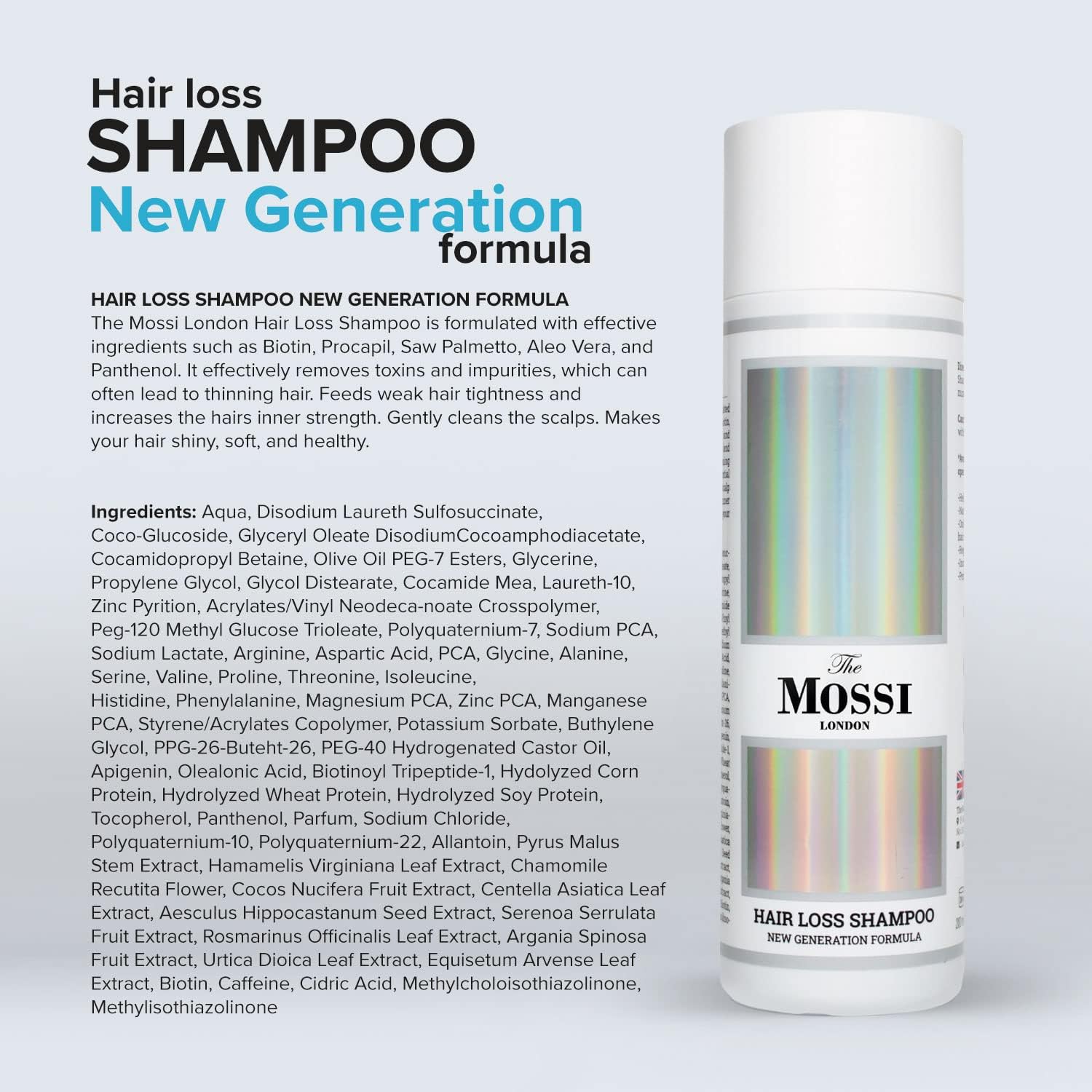 Mossi London Hair Growth Shampoo for Hair Loss and Thinning Hair | Biotin, Saw Palmetto & Rosemary | Purifying Scalp Cleanser for Fuller-Looking Hair | Men & Women | 200ml