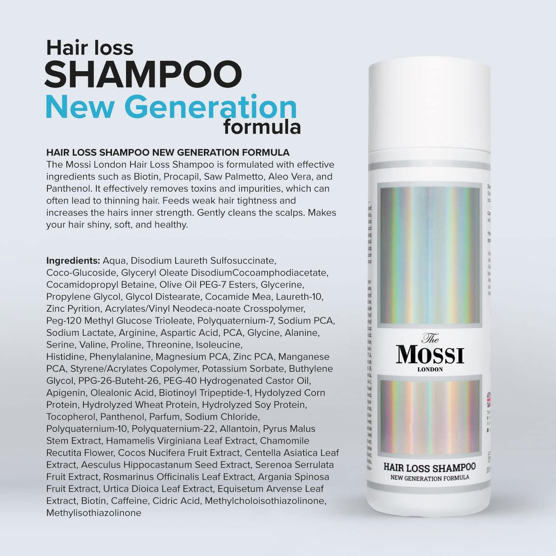 Mossi London Hair Growth Shampoo for Hair Loss and Thinning Hair | Biotin, Saw Palmetto & Rosemary | Purifying Scalp Cleanser for Fuller-Looking Hair | Men & Women | 200ml