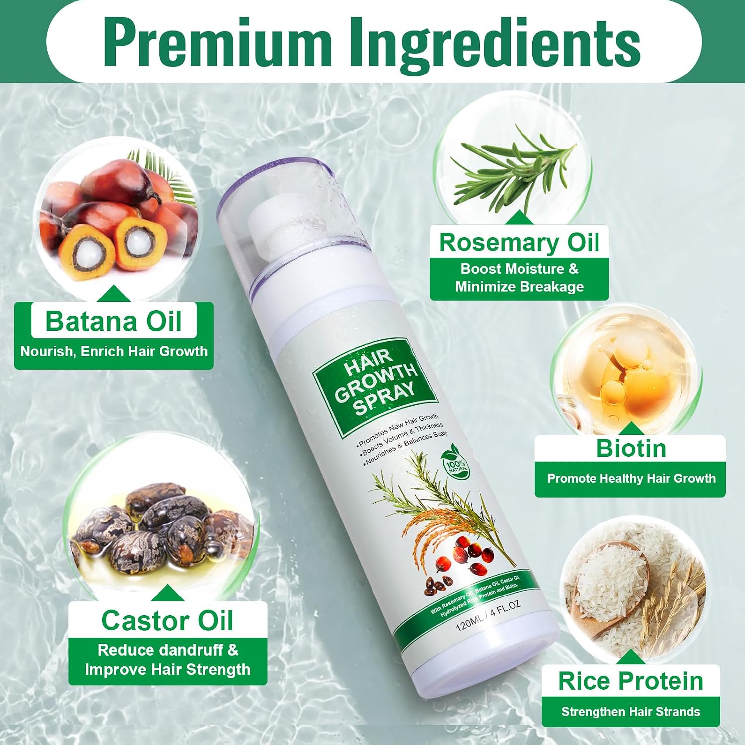 Hair Growth Serum Spray 120ml with Biotin, Rosemary & Castor Oil - Natural Hair Loss Treatment & Thickening Scalp Care with Batana Oil, Caffeine & Ginseng - For Women & Men, All Hair Types