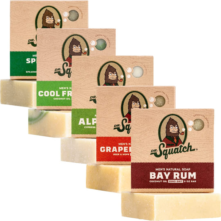 Dr. Squatch Natural Men’s Bar Soap - Cold Process Body Soap Bar with Natural Oils - Gifts for Men - Deep Sea Goat's Milk, Wood Barrel Bourbon, Rainforest Rapids, Alpine Sage & Bay Rum (5 oz, 5-Pack)