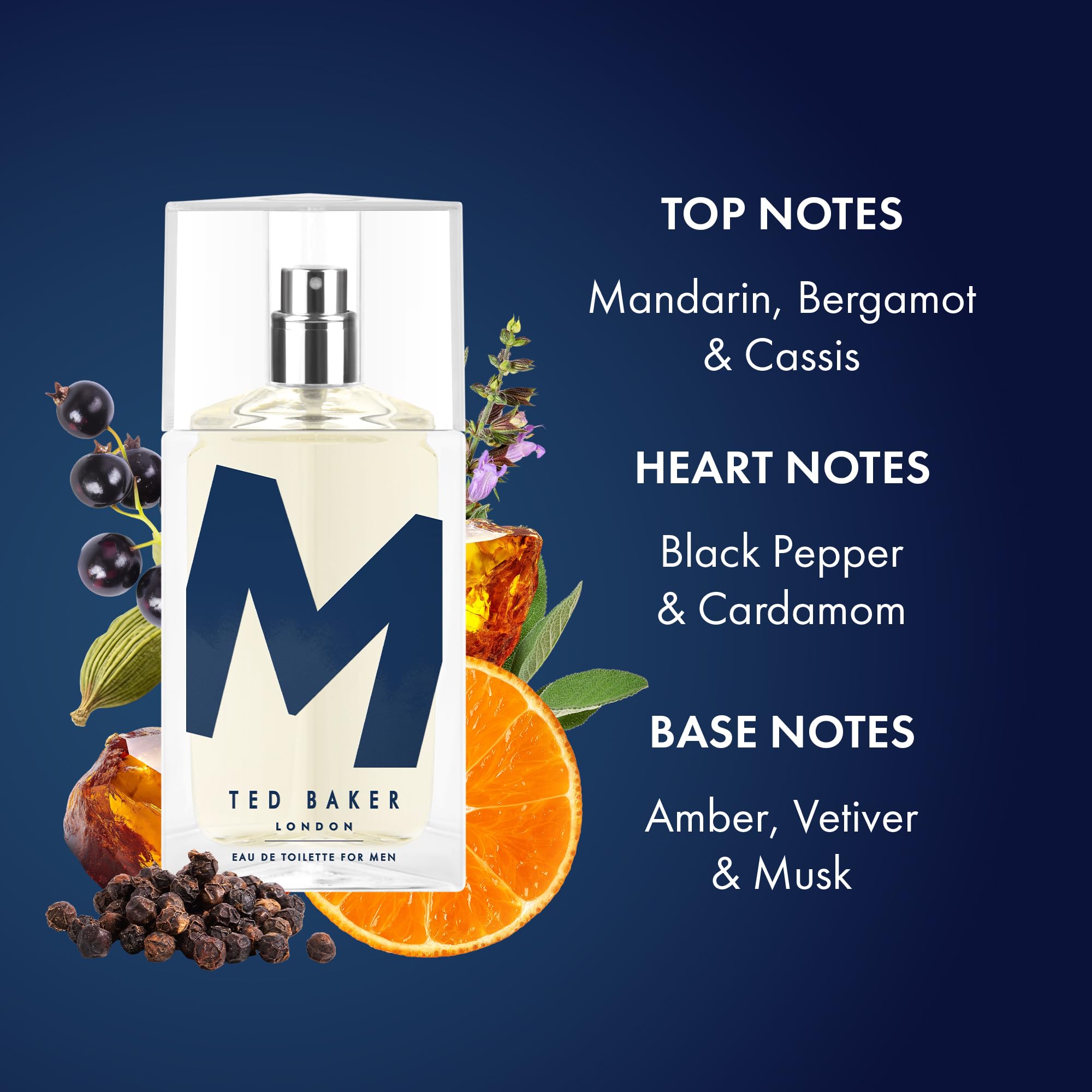 Ted Baker M Eau De Toilette Men's Fragrance Fresh Citrus Spicy Scent with Mandarin, Bergamot, Black Pepper, Amber Vetiver Musk Long Lasting EDT Spray for Men & Teens 2.5 fl oz / 75ml