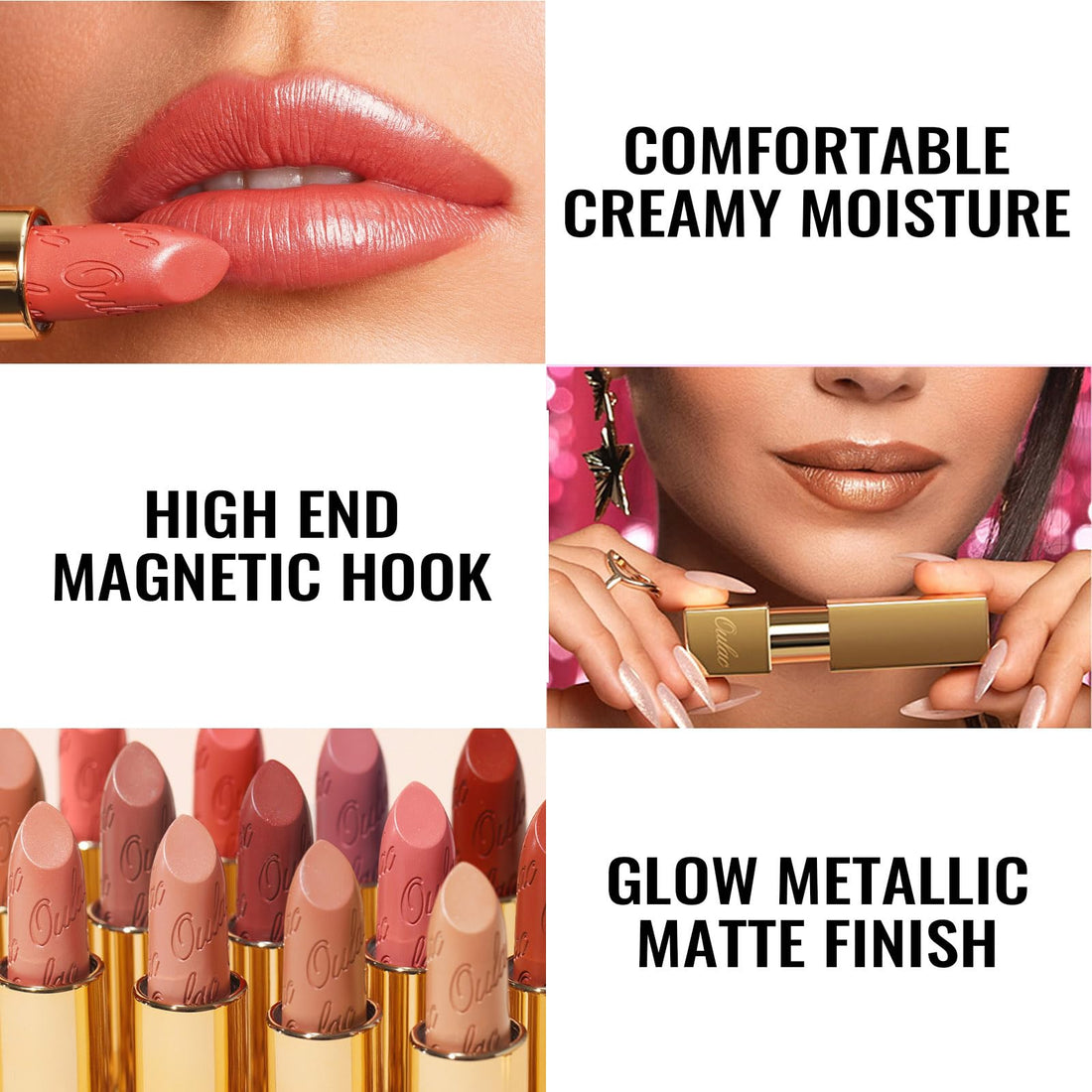 OULAC Metallic Shine Glitter Lipstick, Pink High Impact Lipcolor, Lightweight Soft and Ultra Hydrating, Long Lasting, Vegan & Cruelty-Free, Full-Coverage Lip Color 4.3 g/0.15 HIP & HIPPIE(11) Halalzen